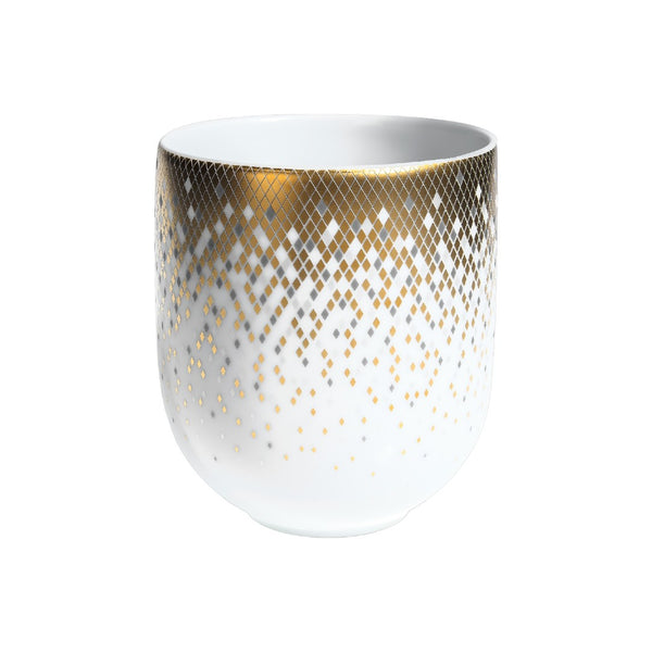Souffle d’Or medium tumbler by Haviland—handcrafted Limoges porcelain with grey, gold, and silver celestial supernova design.