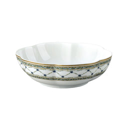 Allée du Roy melon bowl by Raynaud in Limoges porcelain, with trellis, laurel crowns, blue cornflowers, and fine gold detailing.