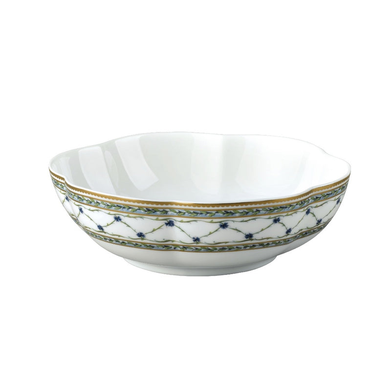 Allée du Roy melon bowl by Raynaud in Limoges porcelain, with trellis, laurel crowns, blue cornflowers, and fine gold detailing.