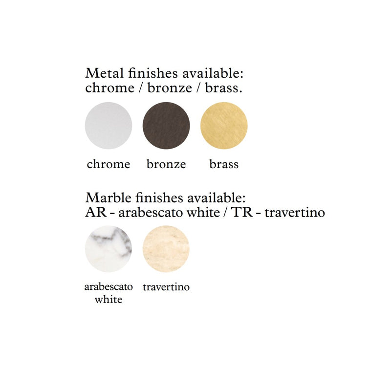 Color swatches for metal and marble finishes by Giobagnara on a white background