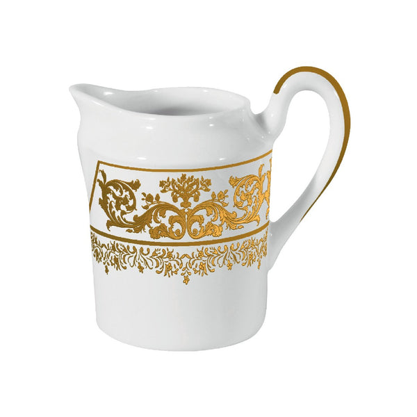 A white porcelain creamer with gold floral motifs and a gold handle, featuring intricate Gothic tapestries.