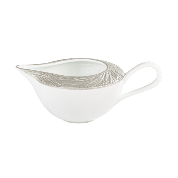Italian Renaissance Irisé Pearl Grey milk jug / creamer by Raynaud in Limoges porcelain with engraved arabesques and pearl grey iridescence.
