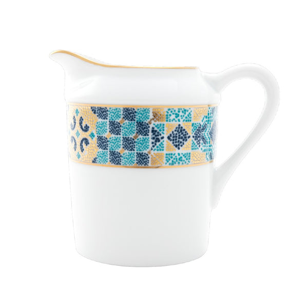 White ceramic pitcher with a decorative blue and beige band on a white background