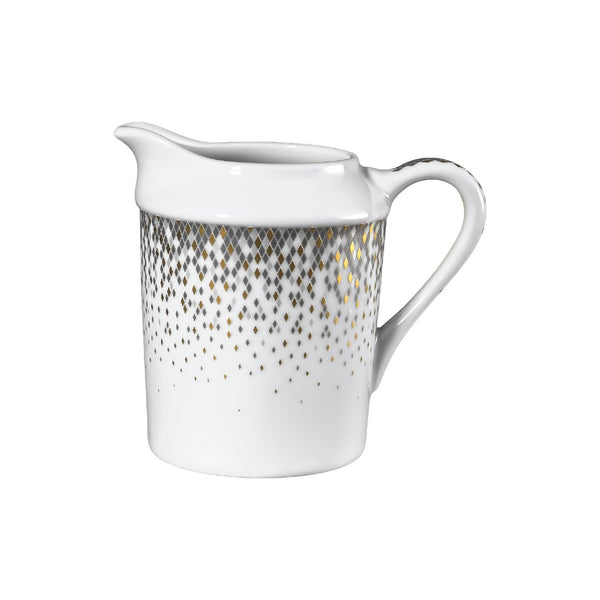 Souffle d’Or milk jug and creamer by Haviland—Limoges porcelain with celestial grey, silver, and matte gold supernova-inspired design.