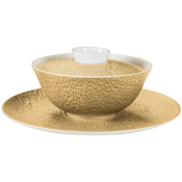 Minéral Gold Chinese soup bowl lid 11cm by Raynaud, Limoges porcelain with sculpted gold relief