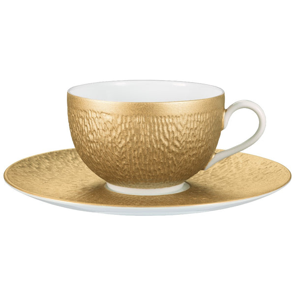 Minéral Gold tea cup and saucer by Raynaud, Limoges porcelain with gold sculpted relief