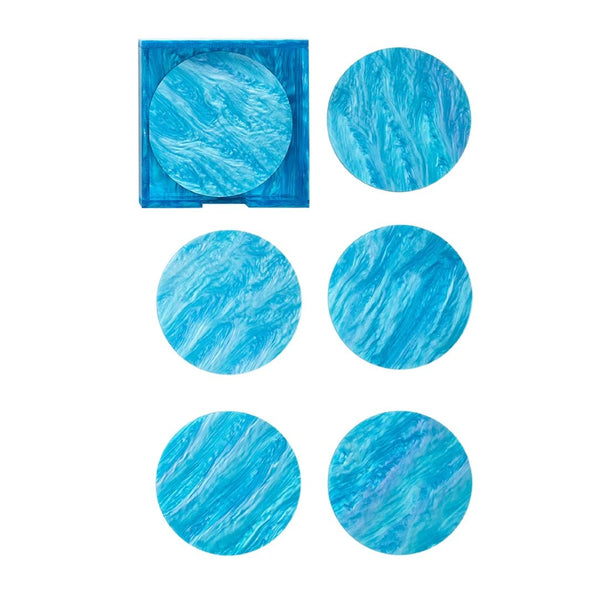 Mirage acrylic coaster set of 6 in aqua blue by Kim Seybert with matching caddy, coastal modern table decor

