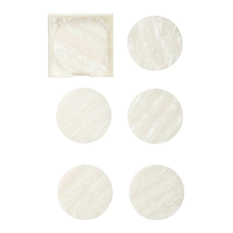Mirage coaster set of 6 in iridescent finish by Kim Seybert with matching caddy, modern glossy table accent