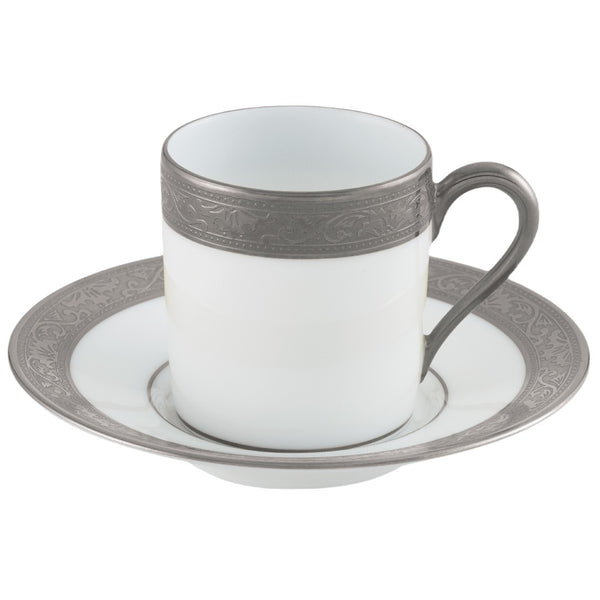 Raynaud Ambassador Platine porcelain moka cup and saucer with platinum Renaissance-style border