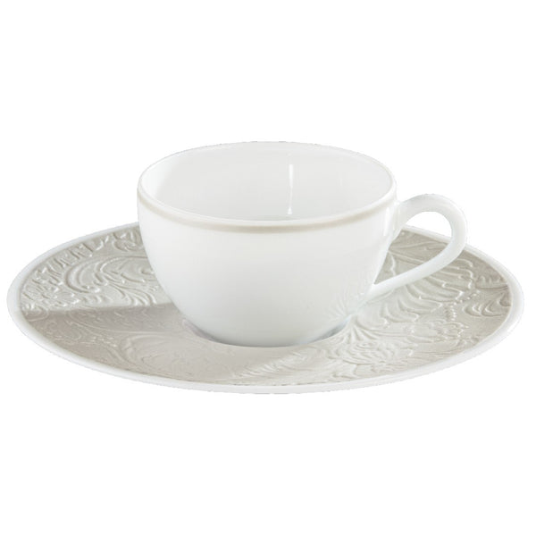 Italian Renaissance Irisé Pearl Grey moka cup & saucer by Raynaud in Limoges porcelain with engraved arabesques and pearl grey iridescence.