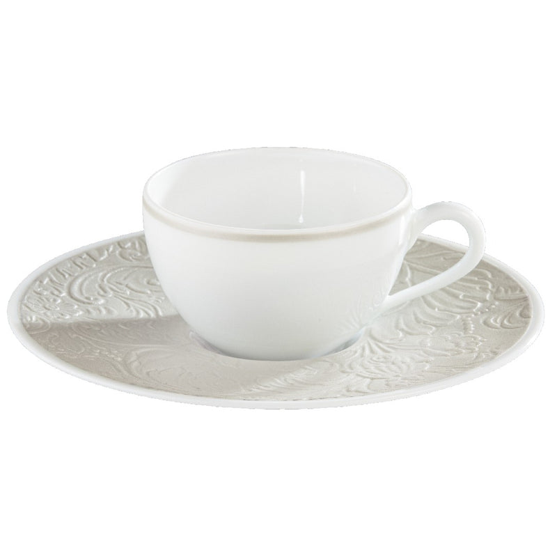 Italian Renaissance Irisé Pearl Grey moka cup & saucer by Raynaud in Limoges porcelain with engraved arabesques and pearl grey iridescence.