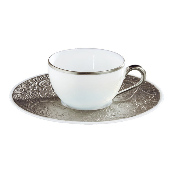 Porcelain moka cup with platinum rim and handle, paired with a decorated platinum saucer from the Italian Renaissance Platinum collection by Raynaud.