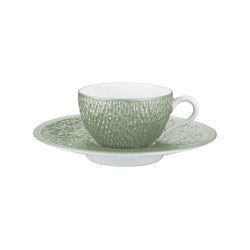 Raynaud Minéral Irisé Céladon porcelain moka cup and saucer with sculptural relief and iridescent celadon glaze