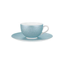 Raynaud Minéral Irisé Sky Blue porcelain moka cup and saucer with sculptural relief and iridescent glaze