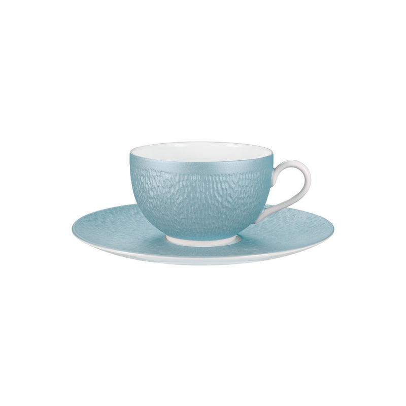 Raynaud Minéral Irisé Sky Blue porcelain moka cup and saucer with sculptural relief and iridescent glaze