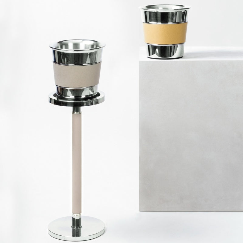 Styled Monochrome leather and stainless steel champagne bucket with stand by Giobagnara, luxury wine and champagne accessory for 1 bottle