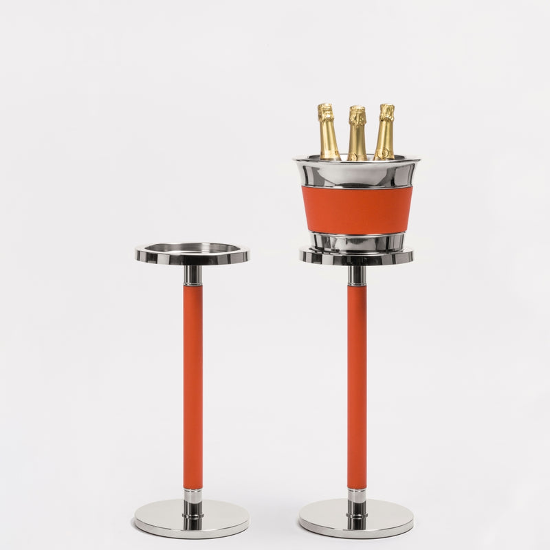 Styled Monochrome leather and stainless steel champagne bucket with stand by Giobagnara, luxury wine and champagne accessory for 2-3 bottles
