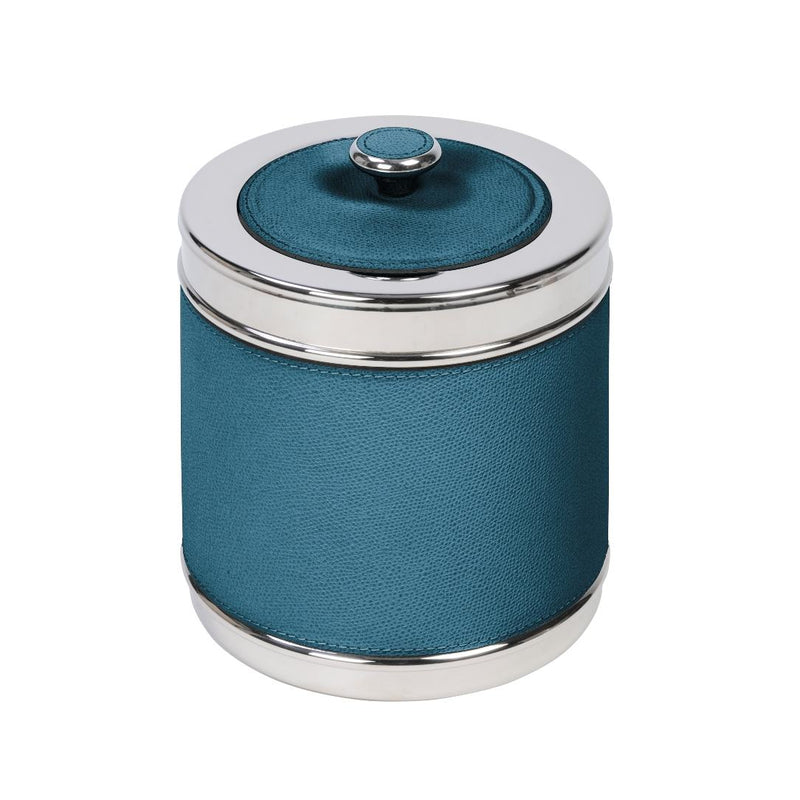 Luxury monochrome leather ice bucket with chrome-plated lid by Giobagnara in blue