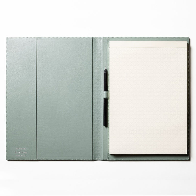 large agata opened angle Monogram leather notepad holder by Giobagnara x Elie Saab with padded cover and ivory sheets