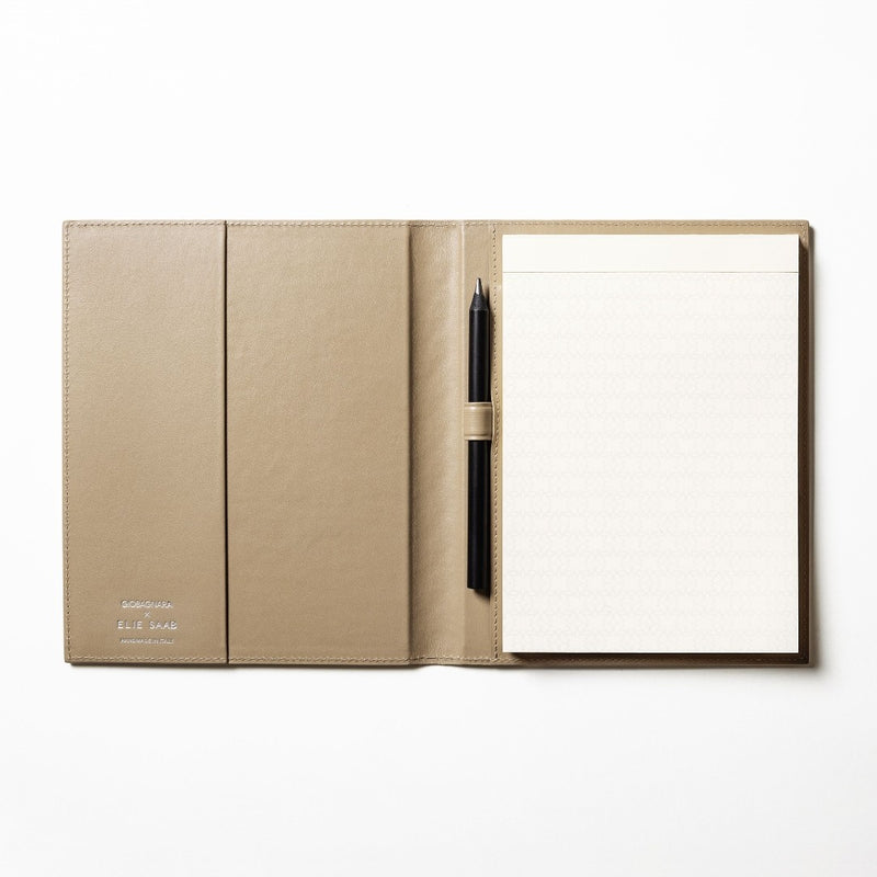medium cream opened angle Monogram leather notepad holder by Giobagnara x Elie Saab with padded cover and ivory sheets