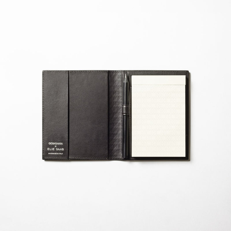 small ebony opened angle Monogram leather notepad holder by Giobagnara x Elie Saab with padded cover and ivory sheets