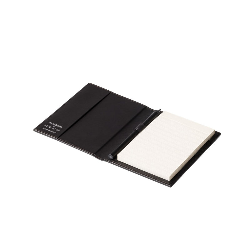 small ebony opened Monogram leather notepad holder by Giobagnara x Elie Saab with padded cover and ivory sheets