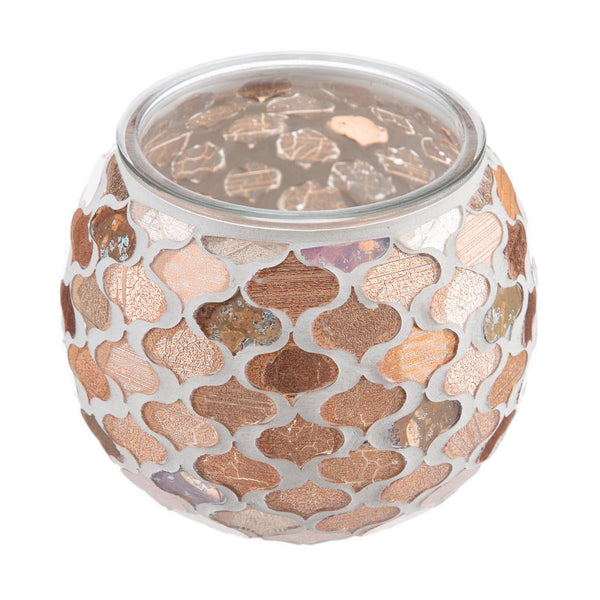 Decorative glass candle holder with mosaic pattern on a white background