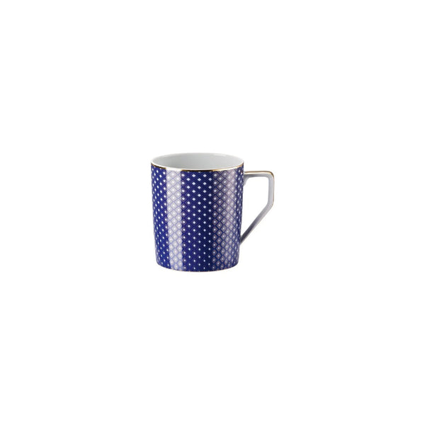 Francis Carreau Blue porcelain mug with royal blue and gold check design by Rosenthal