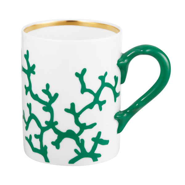 Cristobal Emerald mug by Raynaud in Limoges porcelain with coral design, gold rim, and coral-shaped handle, presented in a gift box.