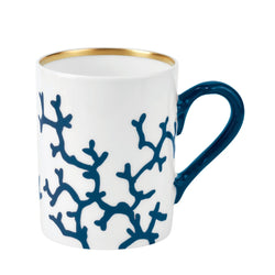 Mug in Gift Box Cristobal Marine porcelain by Raynaud with marine blue coral motifs, gold rim, and sculpted handle