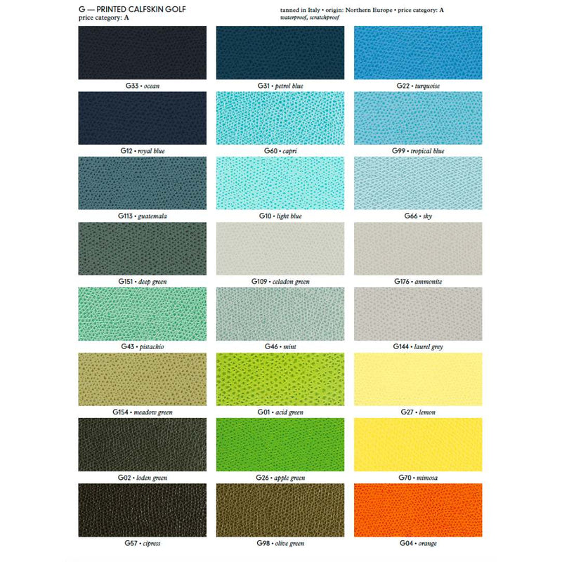 Neptune Lazy Susan Color swatch chart with various printed calfskin golf colors page 1