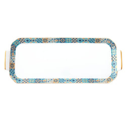 Decorative tray with a blue and gold mosaic pattern on a white background