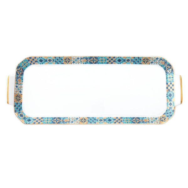 Decorative tray with a blue and gold mosaic pattern on a white background