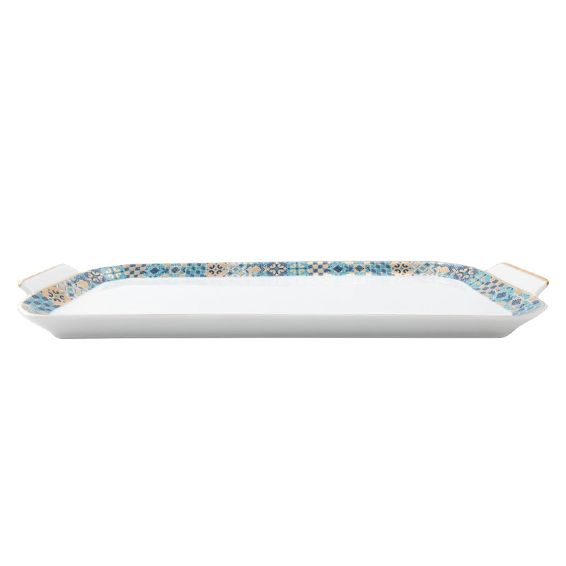 Rectangular white platter with decorative blue and gold border on a white background
