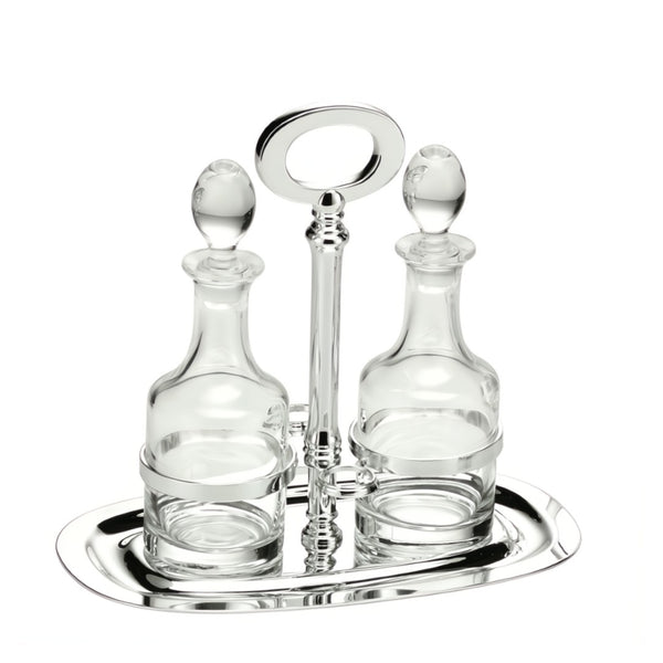 Oil and Vinegar Cruet Set Essentia Silver-Plated by Schiavon, Italian design with crystal bottles and silver holder for elegant dining.