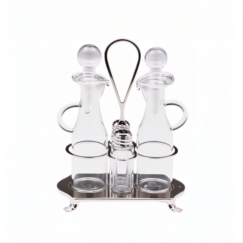 Oil and Vinegar Cruet Set Heritage Silver-Plated by Greggio, Italian crystal and silver design with elegant footed tray.