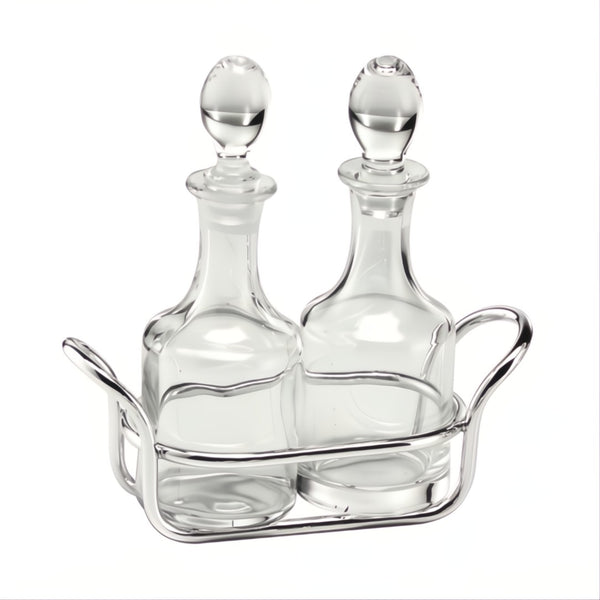 Oil and Vinegar Cruet Set Linea Silver-Plated by Schiavon, Italian design with crystal bottles and silver holder for elegant dining.