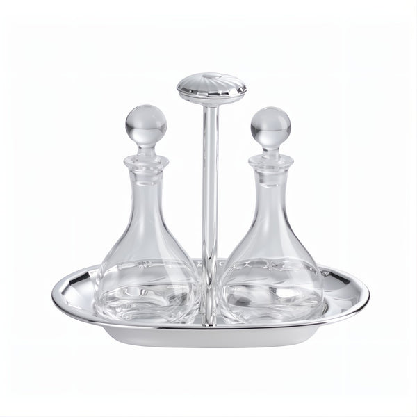 Oil and Vinegar Cruet Set Newport Silver-Plated by Greggio, Italian crystal and silver design for refined dining.