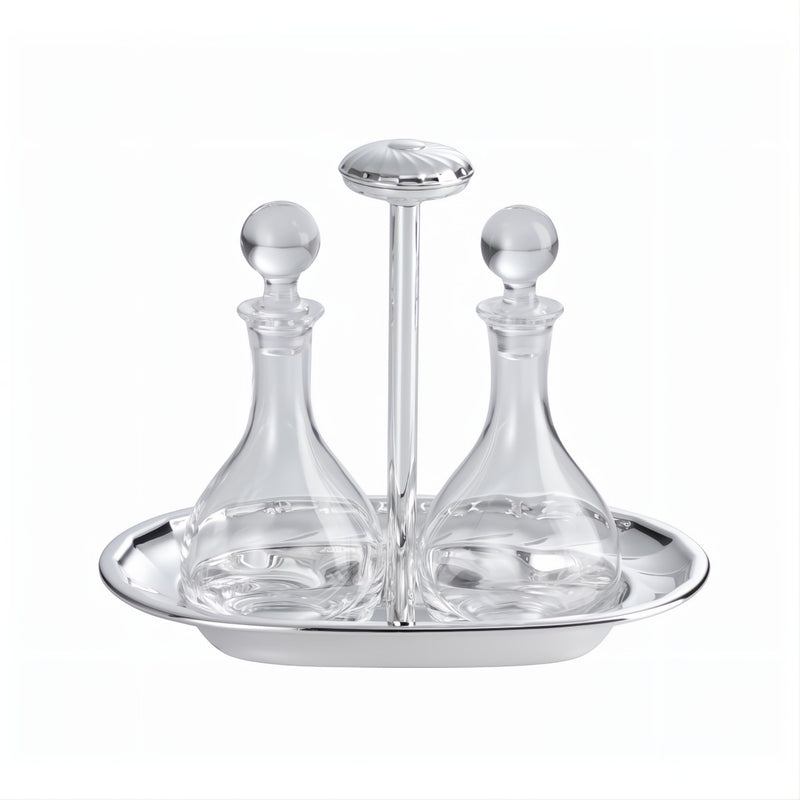 Oil and Vinegar Cruet Set Newport Silver-Plated by Greggio, Italian crystal and silver design for refined dining.