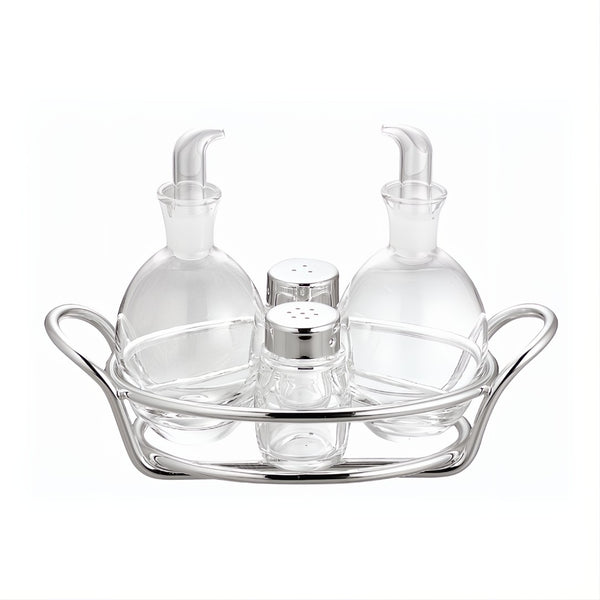 Oil and Vinegar Cruet Set Portofino Silver-Plated by Greggio, Italian four-piece crystal and silver design for elegant dining.