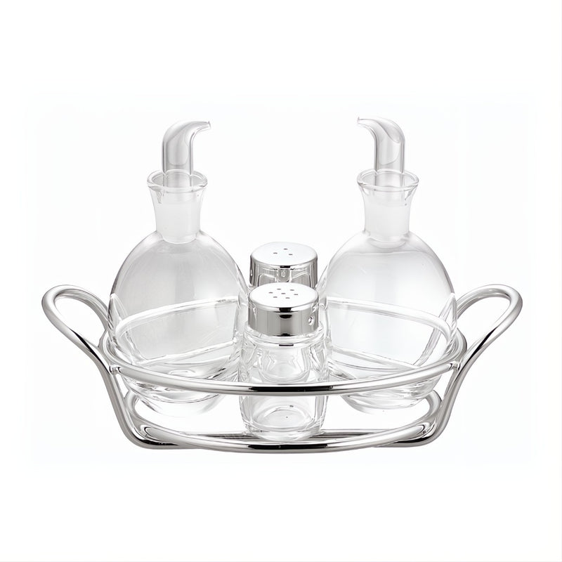 Oil and Vinegar Cruet Set Portofino Silver-Plated by Greggio, Italian four-piece crystal and silver design for elegant dining.