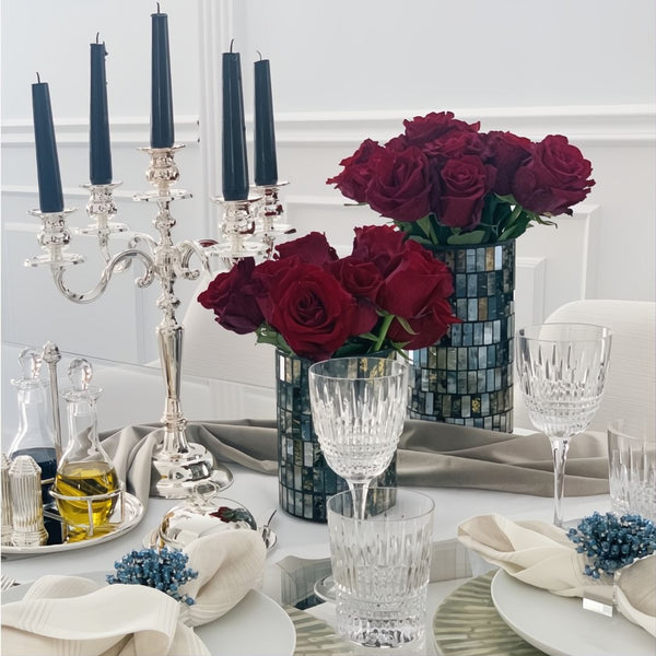 Decorative table setting with red roses, candles, Oil and Vinegar Cruet Set Regards Silver-Plated by Ercuis 