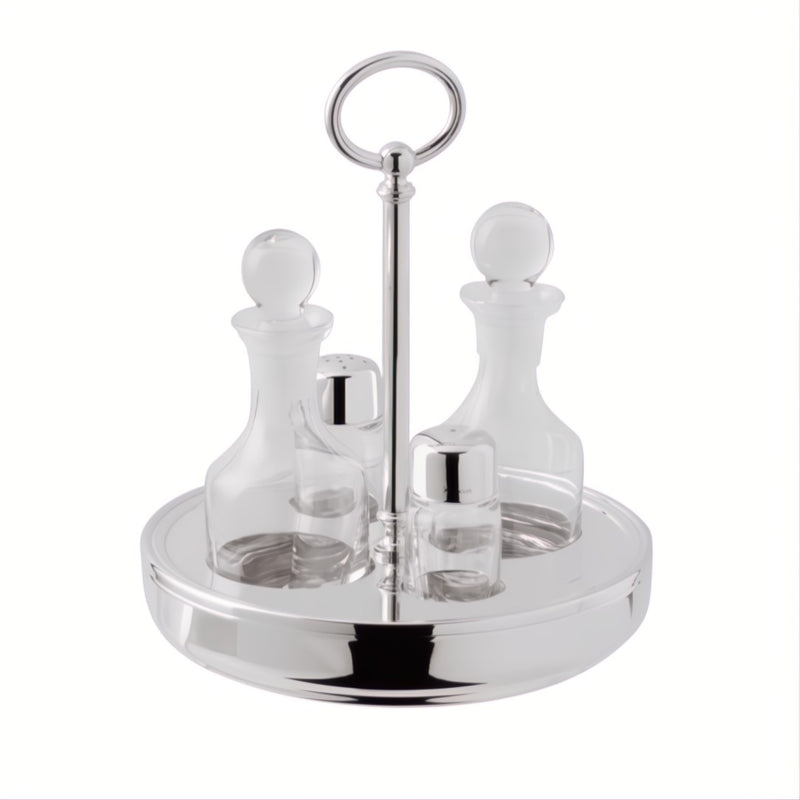 Oil and Vinegar Cruet Set Rencontre Silver-Plated by Ercuis, crystal and silver French design with elegant four-piece stand.