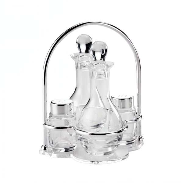 Oil and Vinegar Cruet Stand Flower Silver-Plated by Greggio, Italian crystal and silver design with salt and pepper shakers.