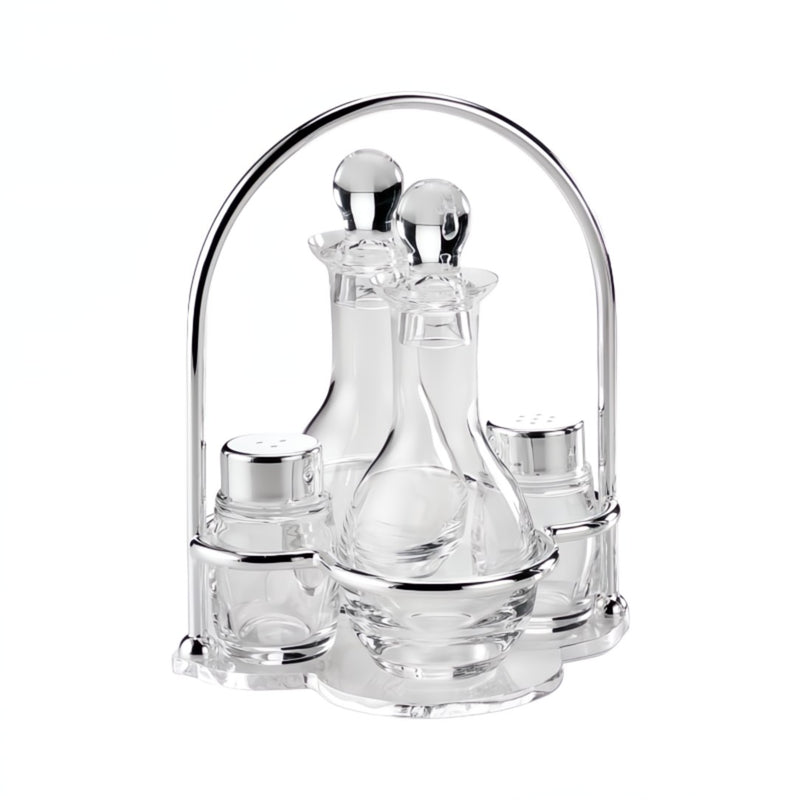 Oil and Vinegar Cruet Stand Flower Silver-Plated by Greggio, Italian crystal and silver design with salt and pepper shakers.