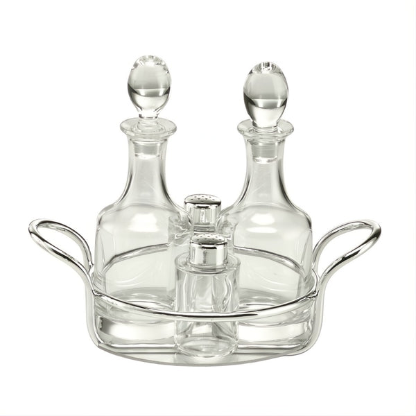 Oil and Vinegar Cruet Stand Linea Silver-Plated by Schiavon, Italian crystal and silver design with salt and pepper shakers.