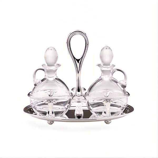 Oil and Vinegar Oval Cruet Set English Silver-Plated by Greggio, crystal and silver Italian design for refined dining.