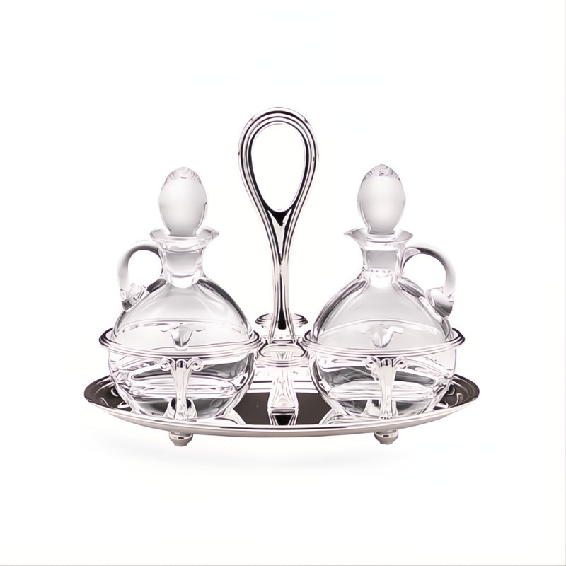 Oil and Vinegar Oval Cruet Set English Silver-Plated by Greggio, crystal and silver Italian design for refined dining.