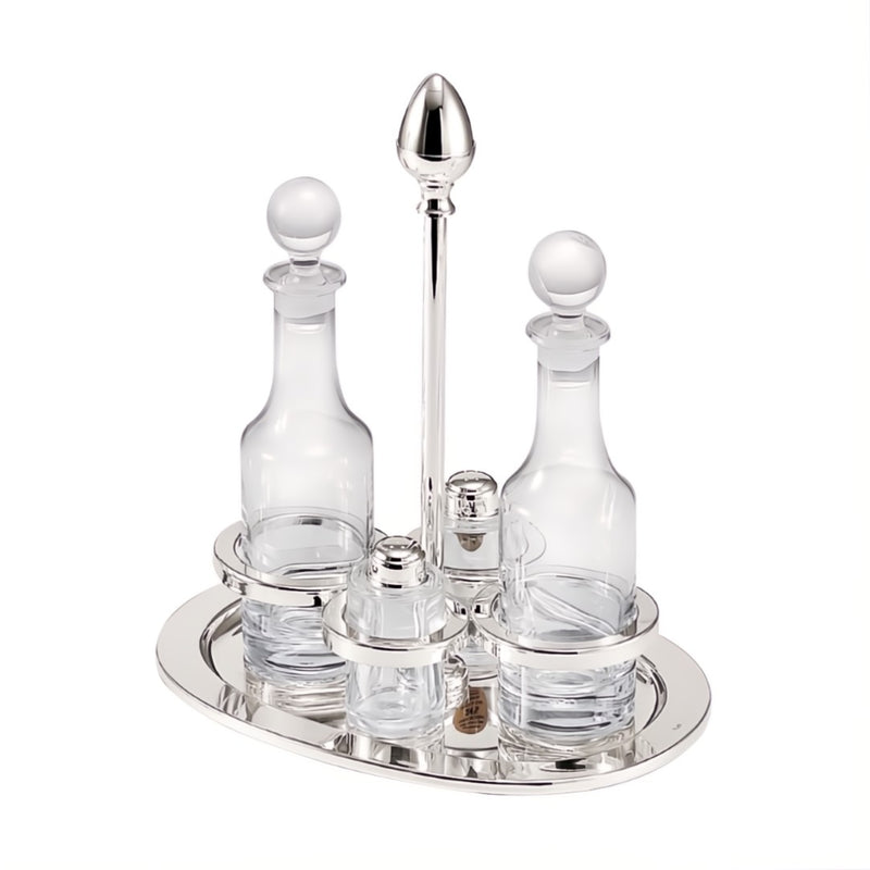 Oil and Vinegar Oval Cruet Stand Ducale Silver-Plated by Greggio, Italian crystal and silver design with salt and pepper shakers.