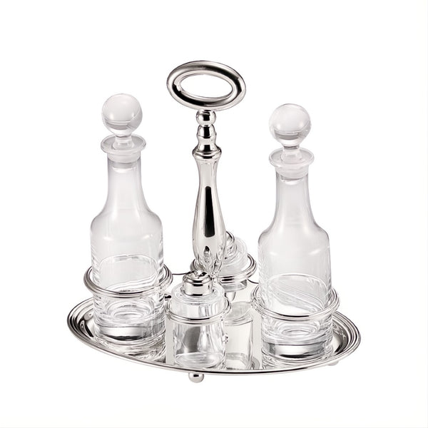 Oil and Vinegar Oval Cruet Stand English Silver-Plated by Greggio, Italian crystal and silver design with salt and pepper shakers.